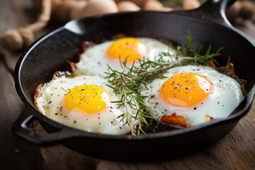 sunny-side-up eggs on a cast-iron skillet