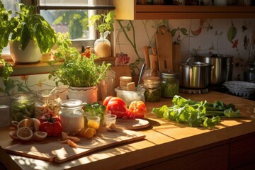 sunlit kitchen counter with fresh ingredients and utensils