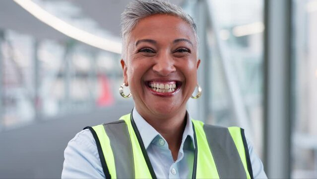 Face, happy architect and woman with arms crossed at office, construction career and job. Portrait, smile and confident engineer, mature professional and funny manager, developer and laugh in India