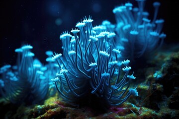 Fototapeta na wymiar bioluminescent coral polyps feeding in darkness