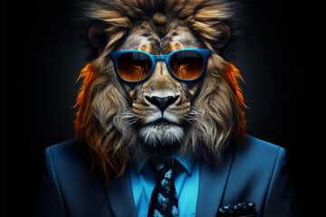 a lion wearing a cool suit and glasses - obrazy, fototapety, plakaty