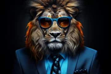 Zelfklevend Fotobehang a lion wearing a cool suit and glasses © bojel