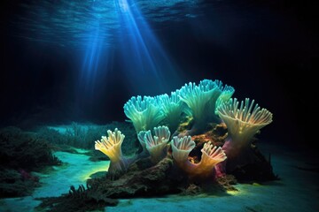 bioluminescent coral polyps illuminating the dark ocean floor