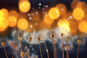 dandelion seeds dispersing on blurred background