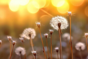 dandelion seeds floating in sunlight with soft focus