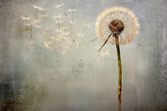 dandelion seed head with seeds detaching in breeze