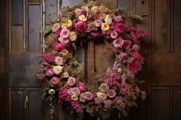 Fototapeta na wymiar preserved flower wreath on a rustic wooden door