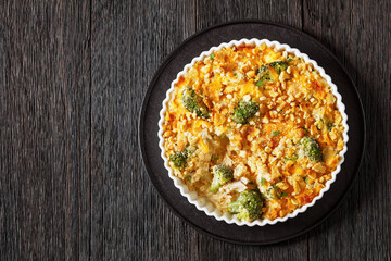 chicken rice broccoli casserole in baking dish