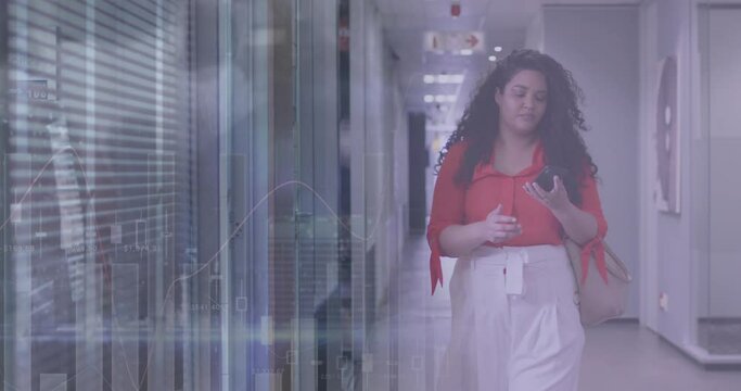 Animation of biracial businesswoman in office over people walking and cityscape