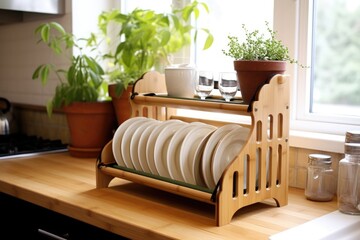 eco-friendly bamboo dish rack in kitchen