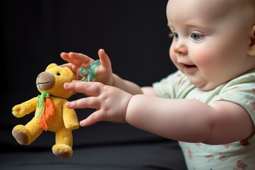 a babys hand reaching for a soft toy with a teething ring