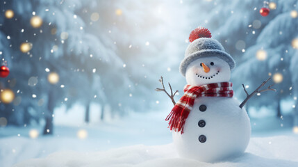 Naklejka na ściany i meble Merry christmas and happy new year greeting card with snowman