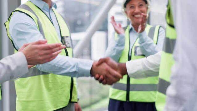 Engineering people, shaking hands and success for construction meeting, achievement or building achievement. Industry or architecture team in handshake and applause for partnership, contract and deal