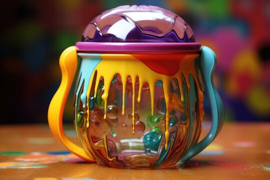 babys colorful sippy cup filled with water or juice