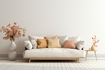 mock up of a cozy sofa against a white wall background.