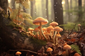 close-up of mushroom releasing spores in the forest - obrazy, fototapety, plakaty
