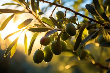 Ripe Olives on the tree branch, sunset light