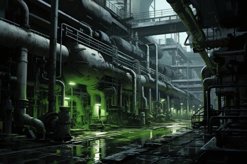 A factory with many pipes and large tanks. Green equipment.