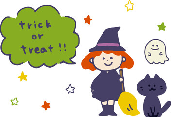 手書き風ハロウィンの魔女の仮装をした女の子のイラスト
