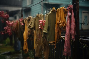 Fototapeta na wymiar raindrops on clothes hanging in the rain outdoors