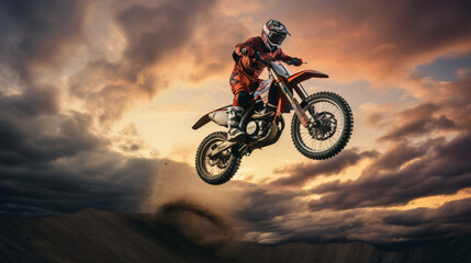 Fototapeta na wymiar Moto freestyle in air dramatic sky