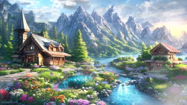 Fantasy beautiful natural landscape with traditional houses in mountain valley. Rural fantasy landscape background near river. Seamless looping video animation virtual background