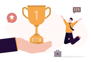 Happy man celebrating win. Hand give giant golden cup. Male employee achieved great success and received award or bonus. Achievement of goal, victory in competition, award.