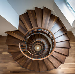 walnut wood stairs, view from above in the form of a spiral