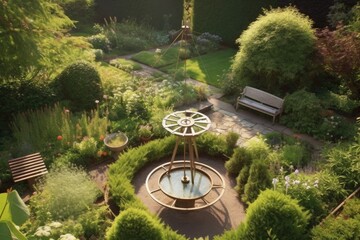 aerial view of sundial in a garden at noon - obrazy, fototapety, plakaty