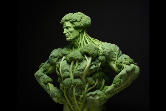 Creative sculpture of bodybuilder man made of broccoli. Healthy eating concept, muscle body. Nutrient whole food