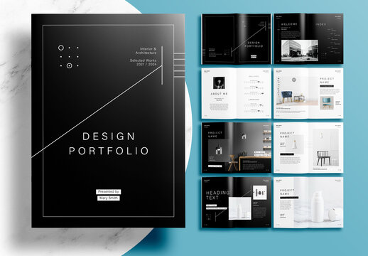 Modern Interior Design Portfolio Layout Template with Black Accents
