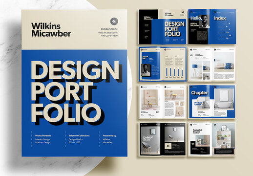 Modern Interior Design Portfolio Layout Template with Bold and Blue Accents