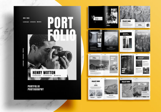 Photographer Portfolio Layout Template with Bold and Black Accents