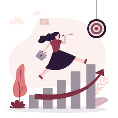Confident businesswoman runs on growing stock chart towards goal. Successful woman investor wants to hit target with an arrow. Growing stock market, profit. Making money, profitable trade