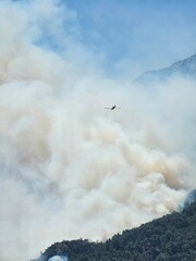 A small plane that monitors forest fires from the air. Airplane in the Sky over Clouds with Mountain Background.