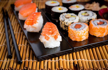 Sushi Set and sushi rolls, maki and nigiri sushi