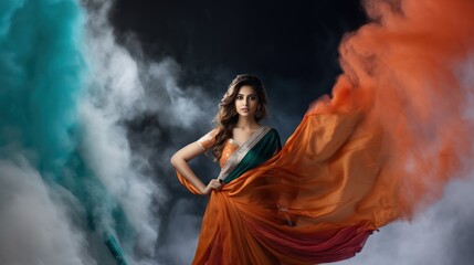 Indian beautiful girl wrapped in Indian waving cloth on dark background