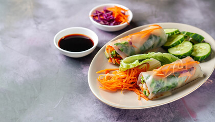 Vegetarian vietnamese spring rolls with spicy sauce, carrot, cucumber, red cabbage and rice noodle. Vegan food. Tasty meal. Copy space
