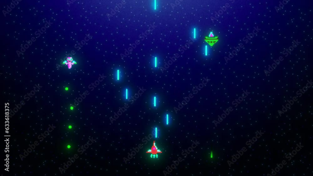 Wall mural classic retro arcade space shooter computer game animation. galactic war in modern colors. space shi