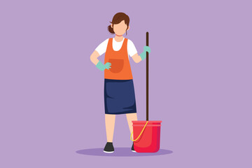 Graphic flat design drawing beautiful woman with buckets and mops. Cleaning service. Female dressed in uniform with cleaning equipment. Professional cleaning staff. Cartoon style vector illustration