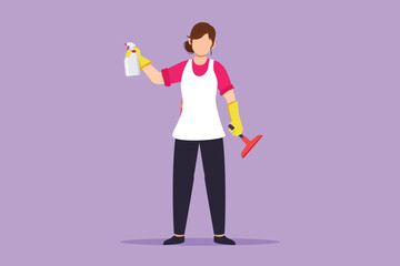 Fototapeta premium Character flat drawing of woman cleaning, tidying home, female wiping window glass with detergents, special supplies. Cleanup and housekeeping of apartment or house. Cartoon design vector illustration