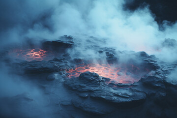 close-up shot of steam rising from the surface of a hot spring, creating an ethereal and mysterious atmosphere 