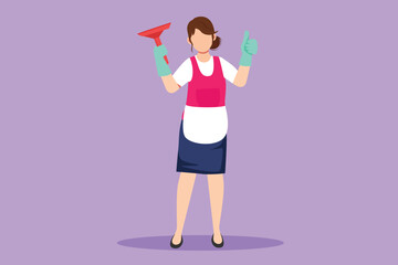 Graphic flat design drawing window cleaner in uniform with professional equipment for cleaning windows. Woman cleaning, rub windows of building using spray and wiper. Cartoon style vector illustration