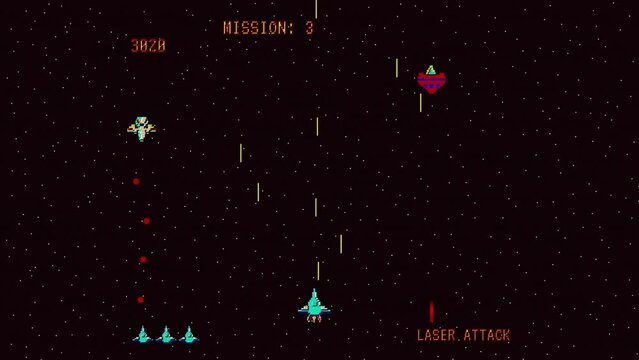 Space War Arcade Computer Video Game Animation Concept. Interface with score. Spaceship in Galaxy. Fast Gameplay