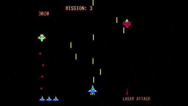 8 Bit Video Game Mock Up Concept Gameplay of Retro Eighties 2D Console Space Shooter Arcade with Spaceship Shooting Aliens. HUD.