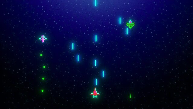 Classic Retro Arcade Space Shooter Computer Game Animation. Galactic War in Modern Colors. Space Ship Shooting Aliens With Lasers Pixelated 2D Gameplay.