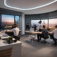 A virtual reality office where employees wear VR headsets, interacting with their colleagues as avatars in various imaginative landscapes1