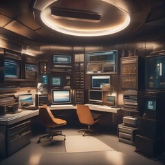 An office in a retro-futuristic space station, complete with vintage computers and sleek, mid-century modern designs1