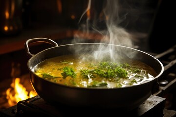 close-up of boiling soup in a pot with steam