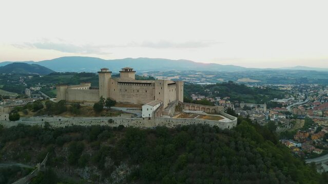Rocca Albornoziana fortress of Spoleto in Italy. Aerial circling view